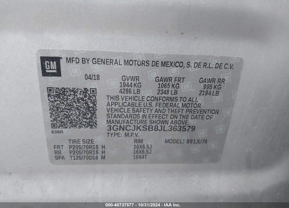 2018 CHEVROLET TRAX LS VIN: 3GNCJKSB8JL363579