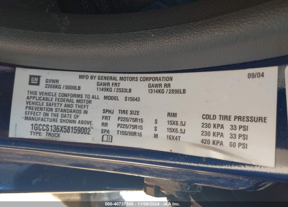 2005 CHEVROLET COLORADO LS VIN: 1GCCS136X58159002