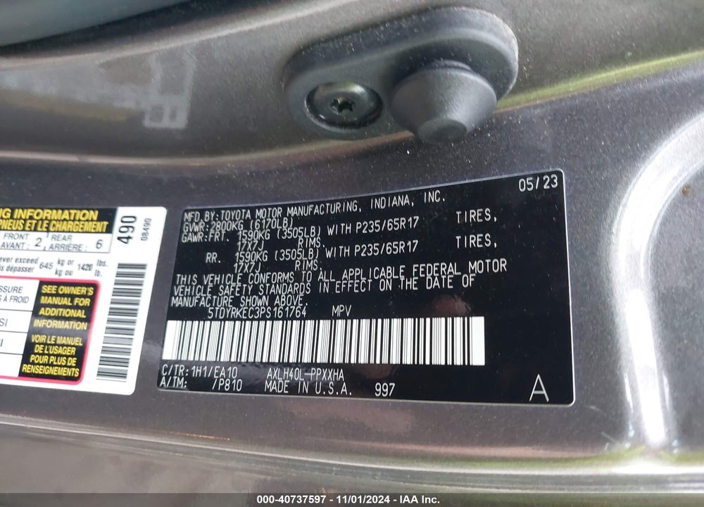 2023 TOYOTA SIENNA XLE VIN: 5TDYRKEC3PS161764