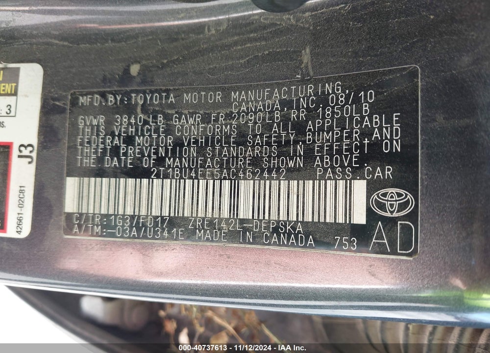 2010 TOYOTA COROLLA S VIN: 2T1BU4EE5AC462442