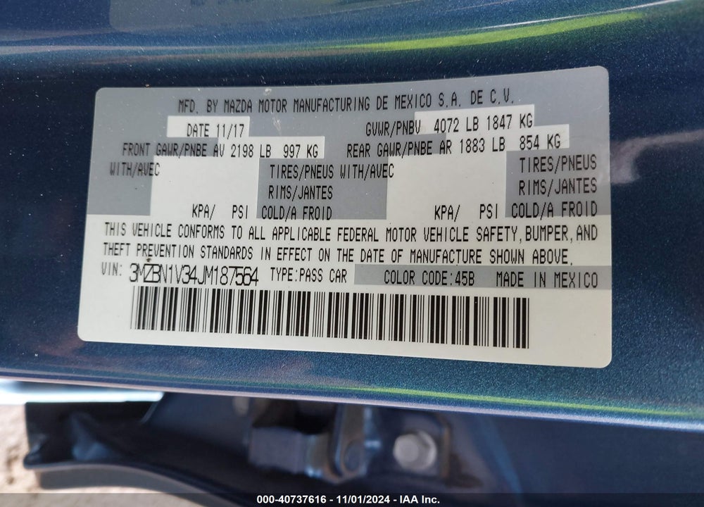 2018 MAZDA 3 TOURING VIN: 3MZBN1V34JM187564