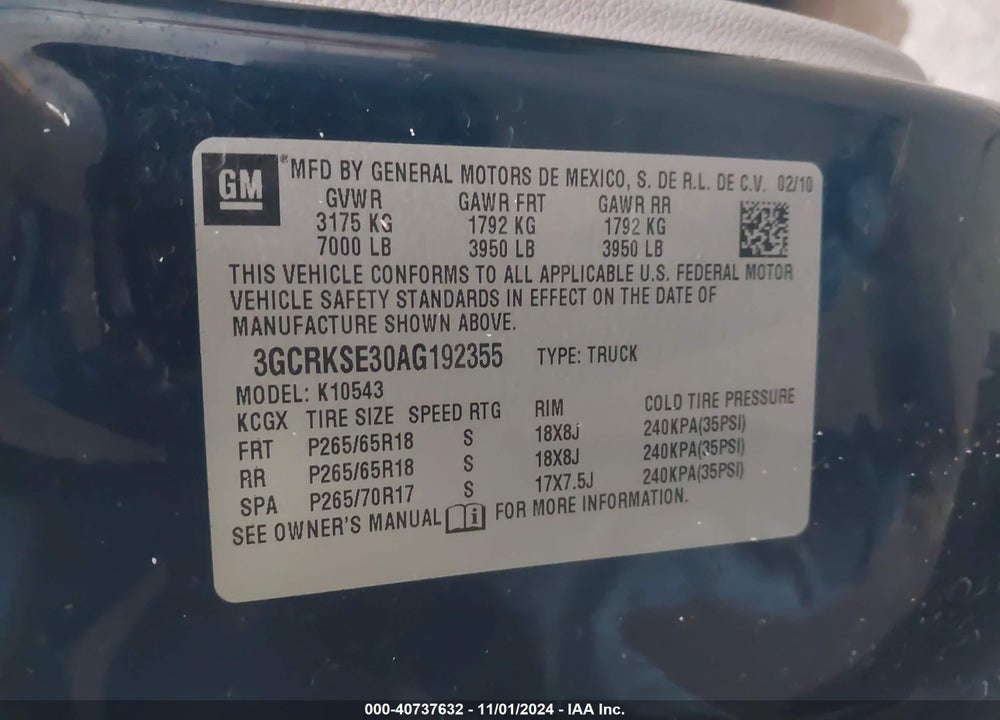 2010 CHEVROLET SILVERADO 1500 LT VIN: 3GCRKSE30AG192355