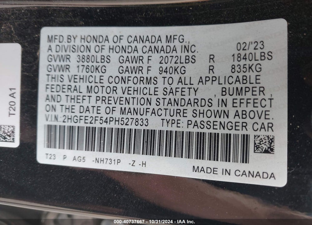 2023 HONDA CIVIC VIN: 2HGFE2F54PH527833