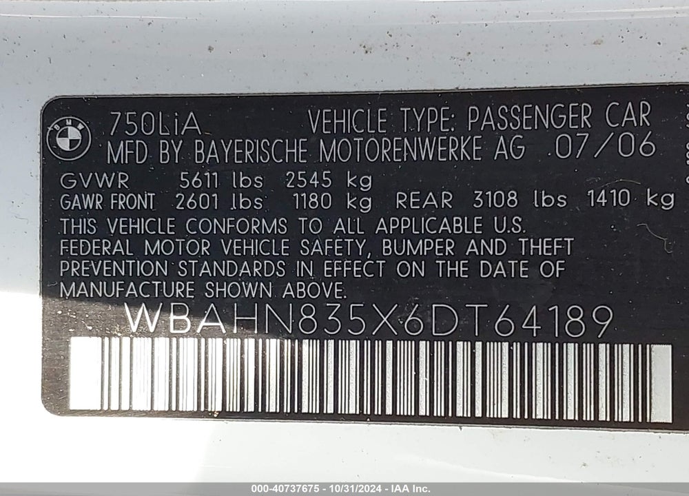 2006 BMW 750LI VIN: WBAHN835X6DT64189