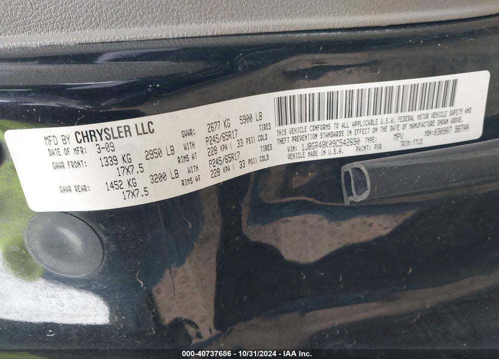 2009 JEEP GRAND CHEROKEE LAREDO VIN: 1J8GR48K09C542690