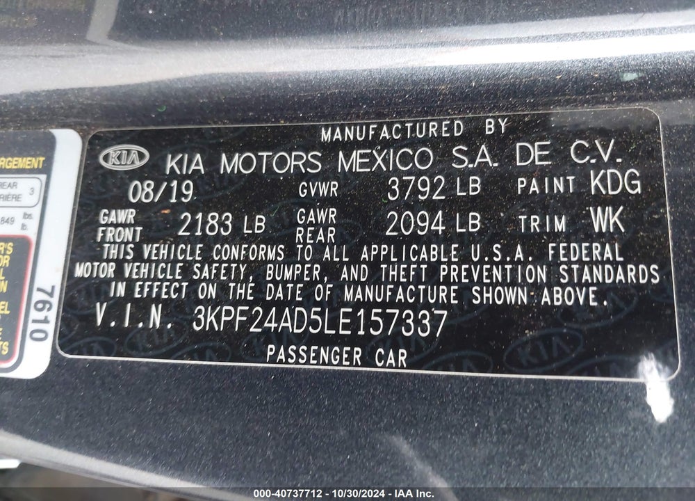 2020 KIA FORTE VIN: 3KPF24AD5LE157337
