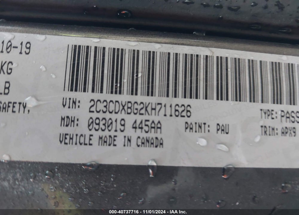 2019 DODGE CHARGER SXT RWD VIN: 2C3CDXBG2KH711626
