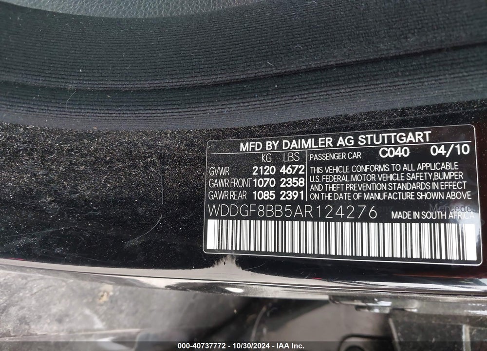 2010 MERCEDES-BENZ C VIN: WDDGF8BB5AR124276