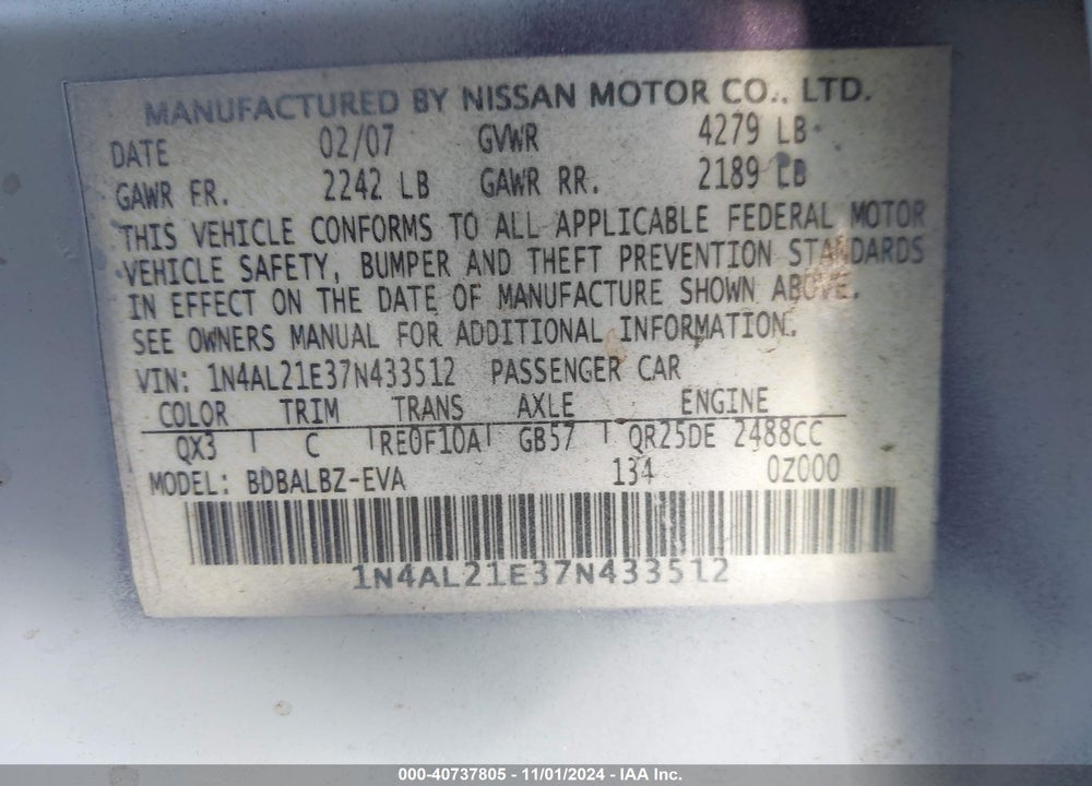 2007 NISSAN ALTIMA 2.5 S VIN: 1N4AL21E37N433512