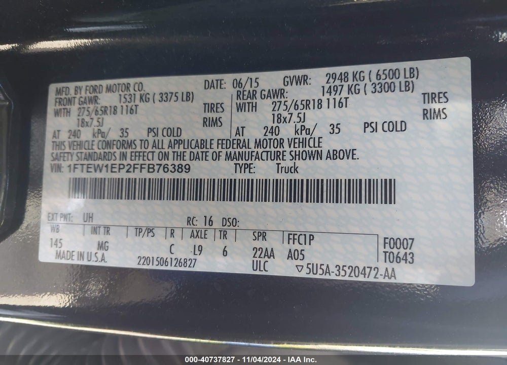 2015 FORD F-150 XLT VIN: 1FTEW1EP2FFB76389