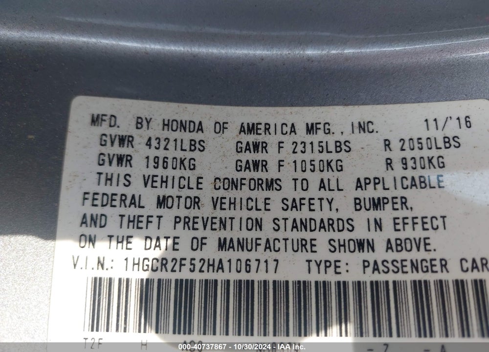 2017 HONDA ACCORD SPORT VIN: 1HGCR2F52HA106717