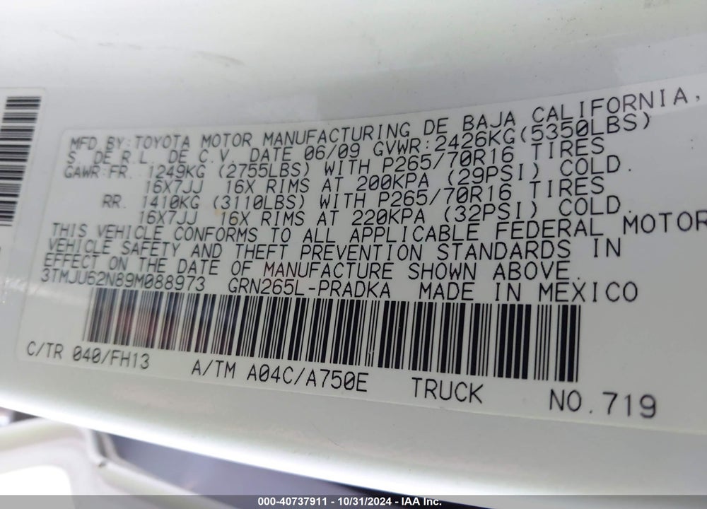 2009 TOYOTA TACOMA DOUBLE CAB PRERUNNER VIN: 3TMJU62N89M088973