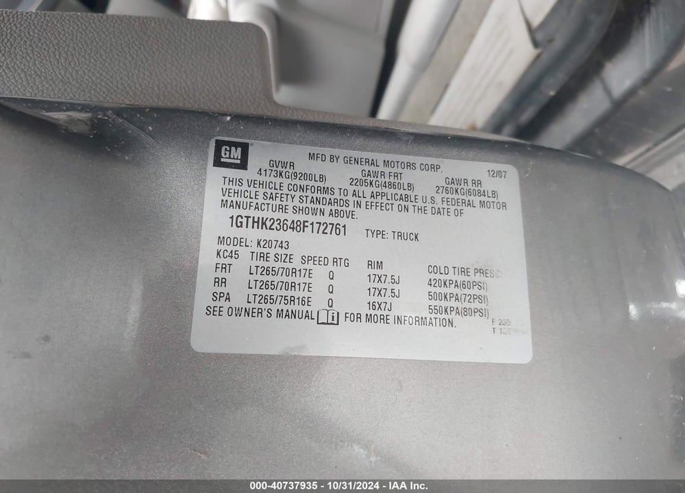 2008 GMC SIERRA 2500HD SLE1 VIN: 1GTHK23648F172761