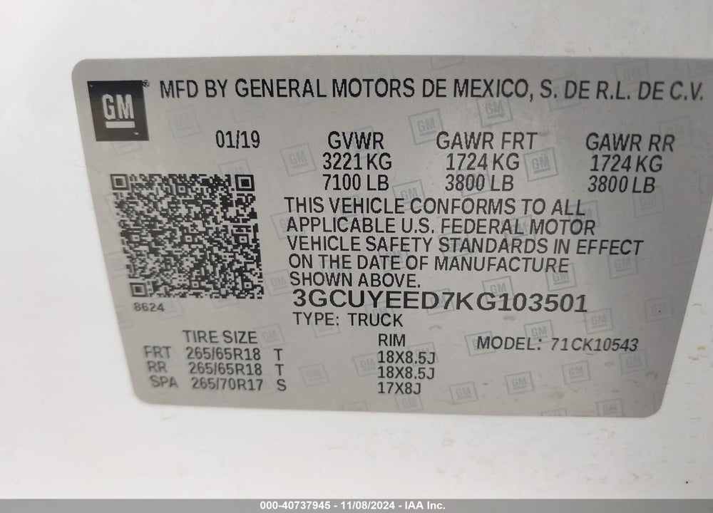 2019 CHEVROLET SILVERADO 1500 RST VIN: 3GCUYEED7KG103501