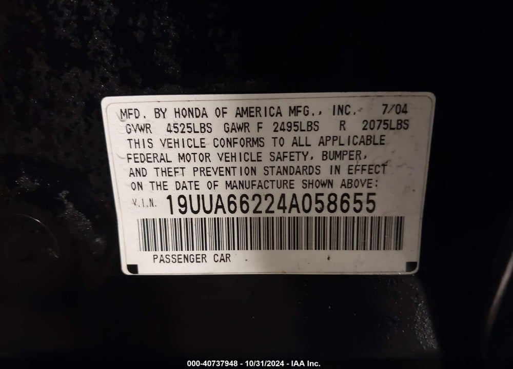 2004 ACURA TL VIN: 19UUA66224A058655