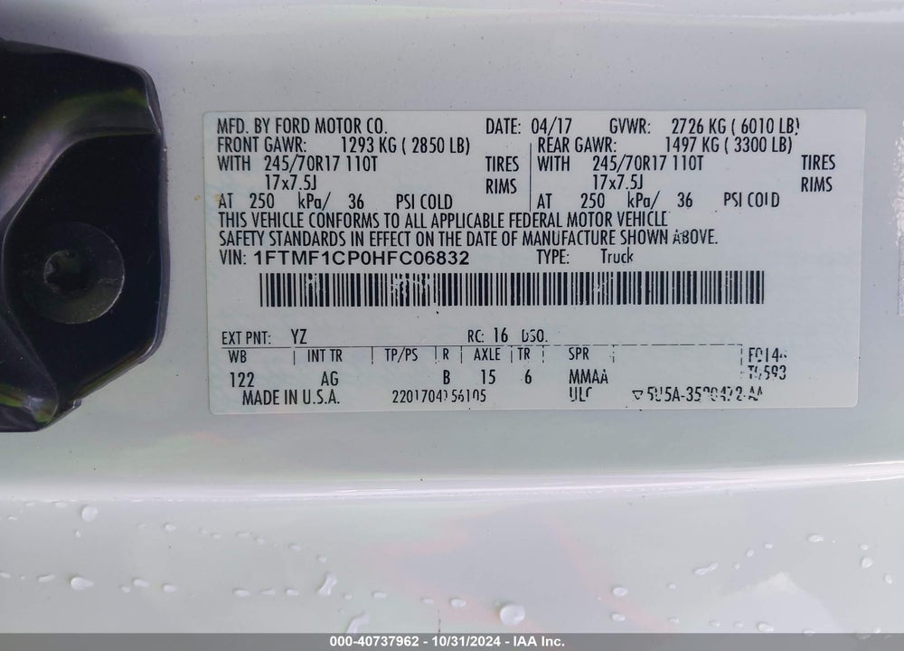 2017 FORD F-150 XL VIN: 1FTMF1CP0HFC06832