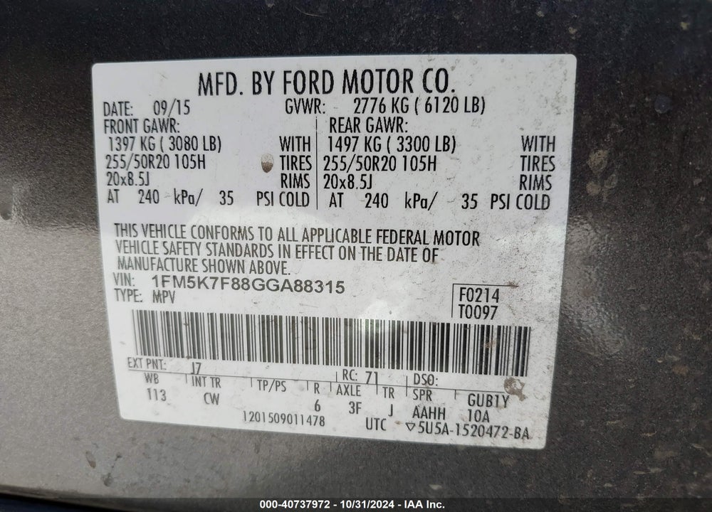 2016 FORD EXPLORER LIMITED VIN: 1FM5K7F88GGA88315