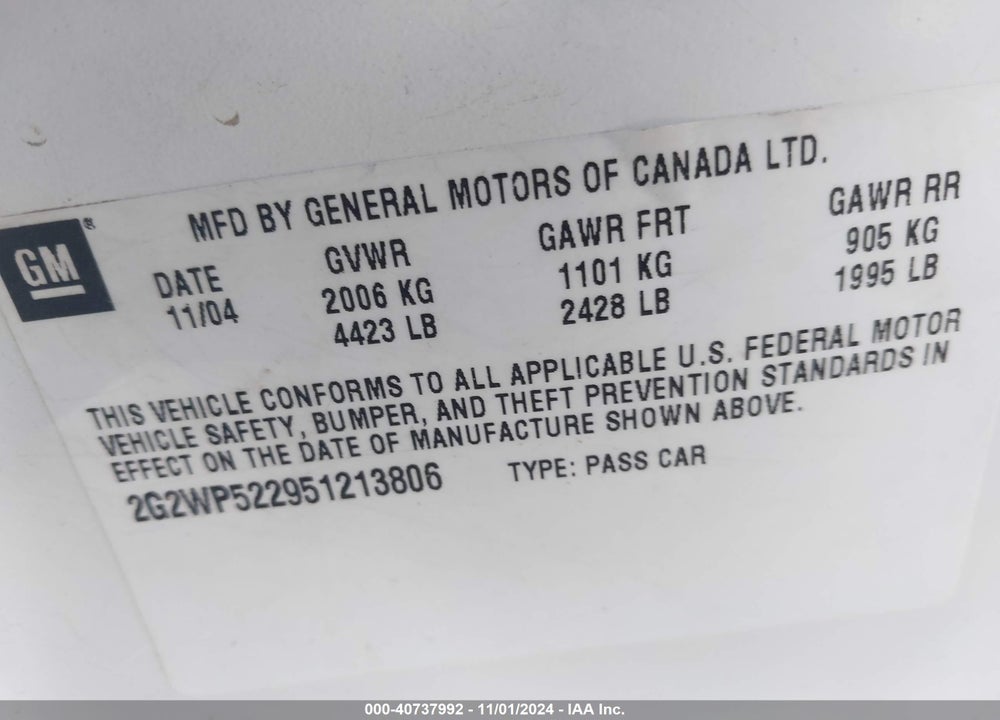 2005 PONTIAC GRAND PRIX VIN: 2G2WP522951213806