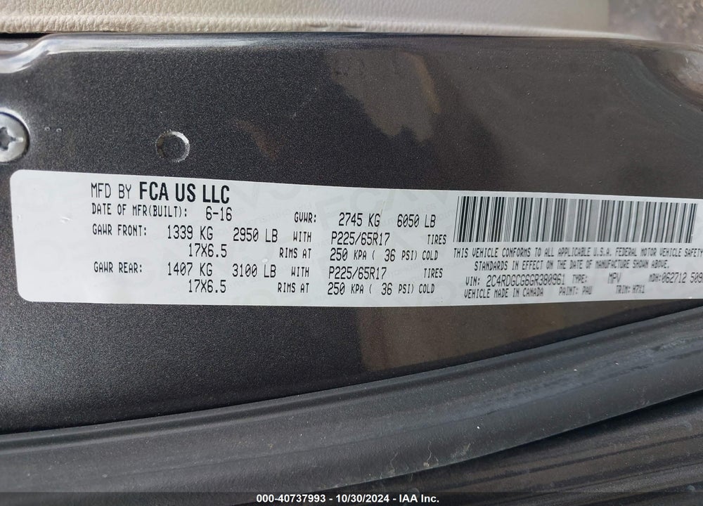 2016 DODGE GRAND CARAVAN SXT VIN: 2C4RDGCG6GR380961