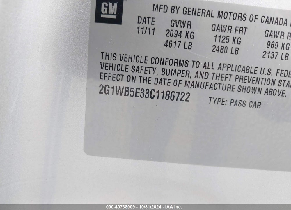2012 CHEVROLET IMPALA LT VIN: 2G1WB5E33C1186722