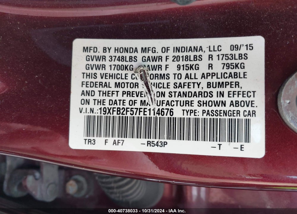 2015 HONDA CIVIC LX VIN: 19XFB2F57FE114676