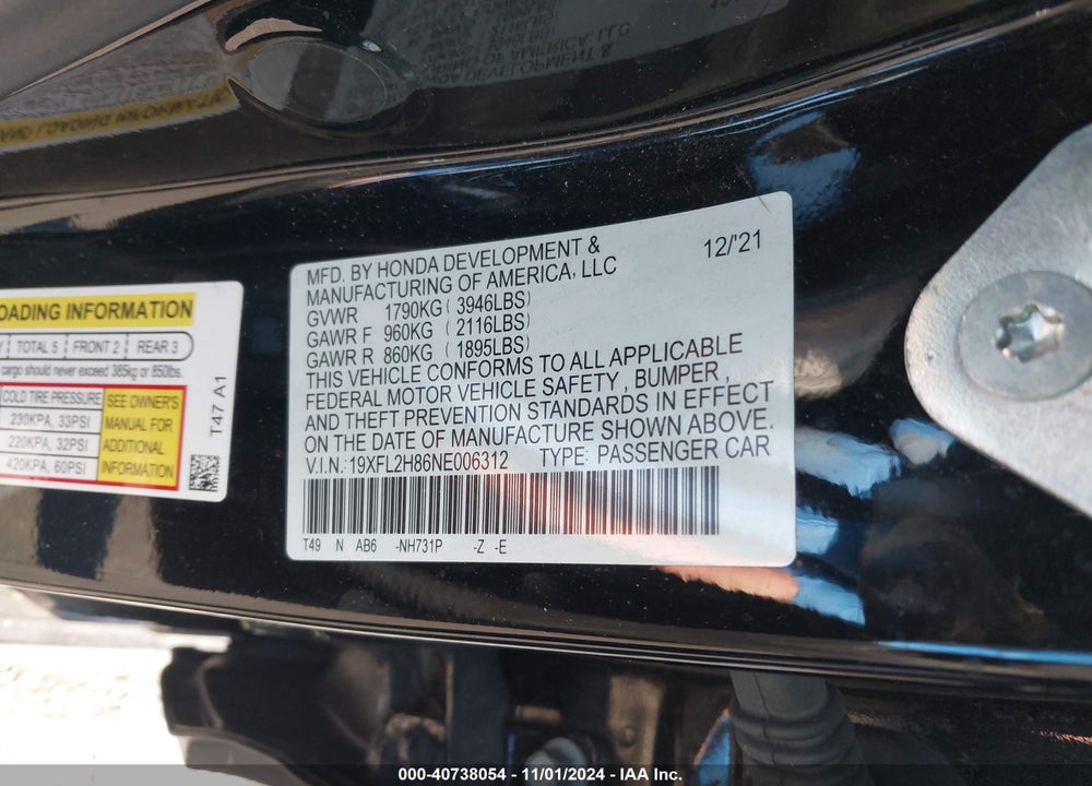 2022 HONDA CIVIC SPORT VIN: 19XFL2H86NE006312