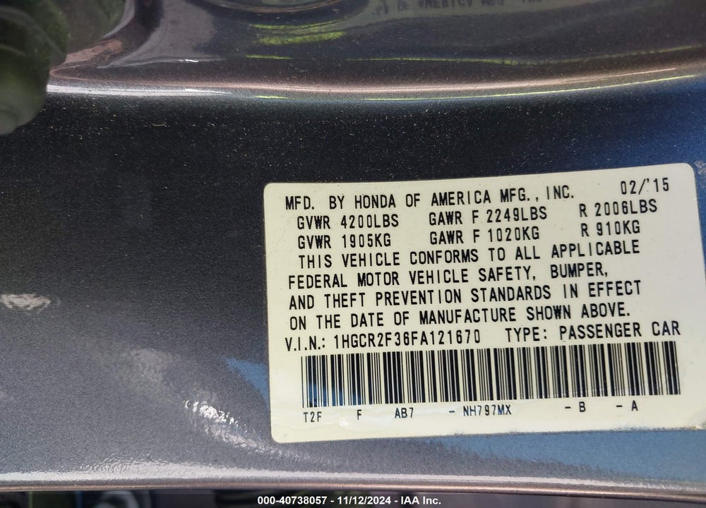 2015 HONDA ACCORD LX VIN: 1HGCR2F36FA121670