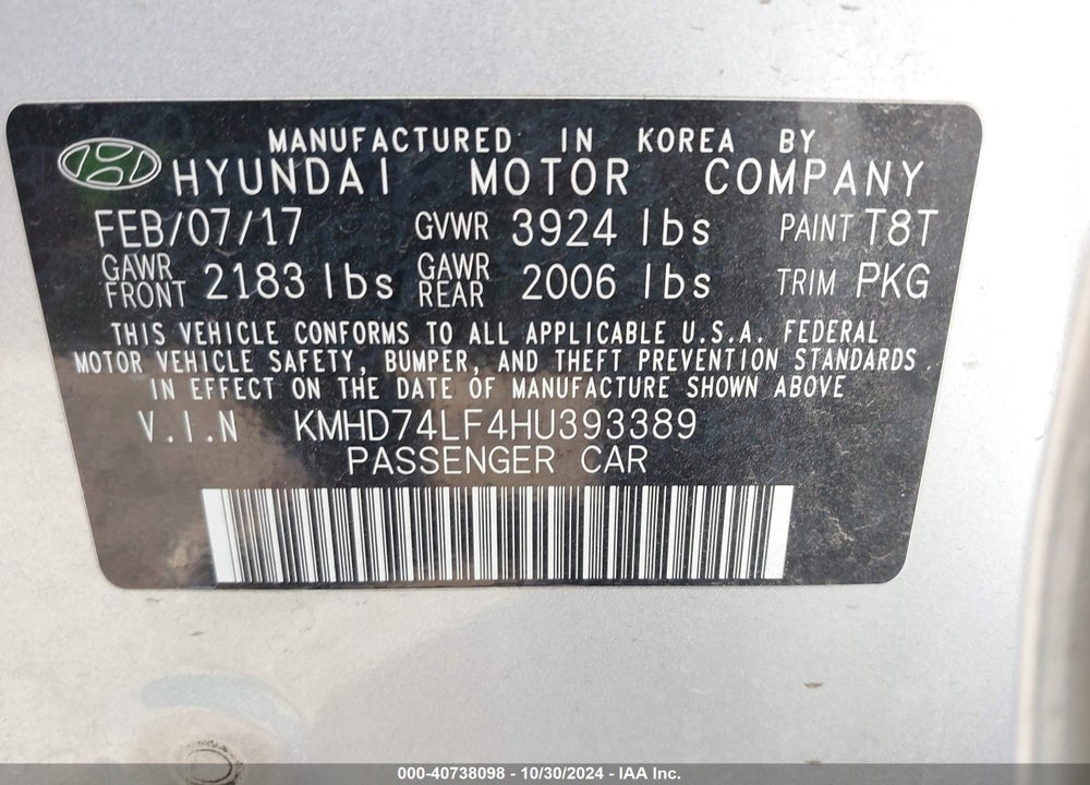 2017 HYUNDAI ELANTRA SE VIN: KMHD74LF4HU393389