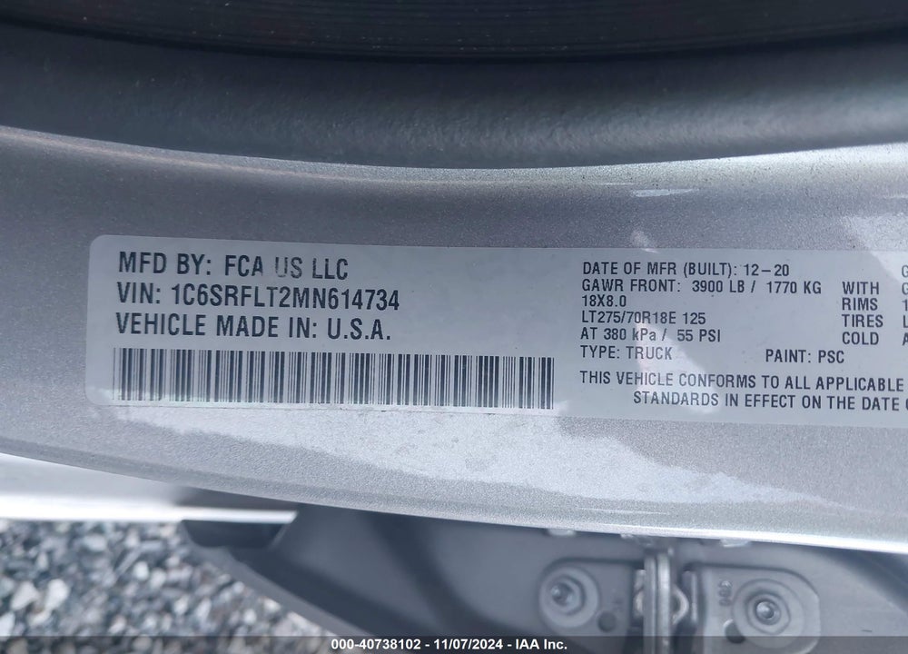 2021 RAM 1500 REBEL 4X4 5'7 BOX VIN: 1C6SRFLT2MN614734