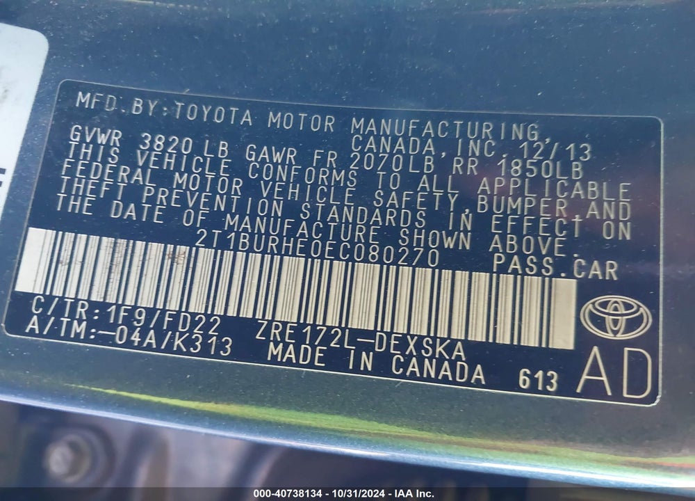 2014 TOYOTA COROLLA S PLUS VIN: 2T1BURHE0EC080270