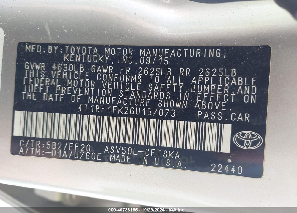 2016 TOYOTA CAMRY SE VIN: 4T1BF1FK2GU137073