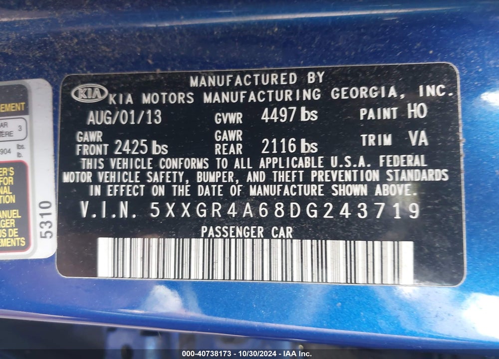 2013 KIA OPTIMA SX VIN: 5XXGR4A68DG243719