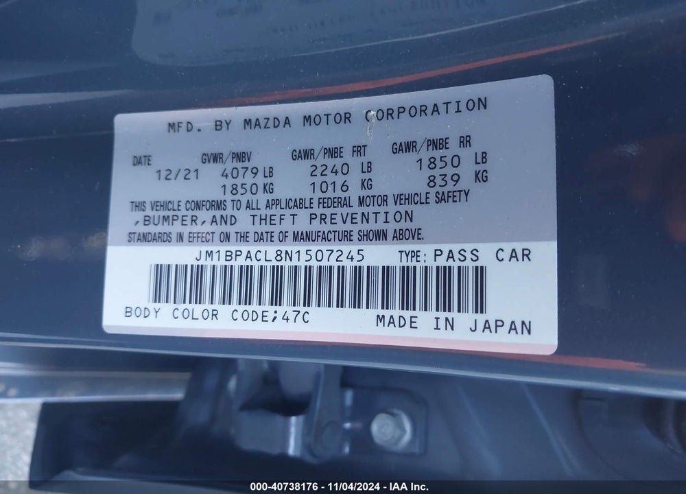 2022 MAZDA 3 CARBON EDITION VIN: JM1BPACL8N1507245