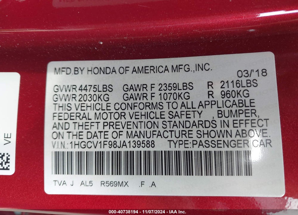 2018 HONDA ACCORD TOURING VIN: 1HGCV1F98JA139588