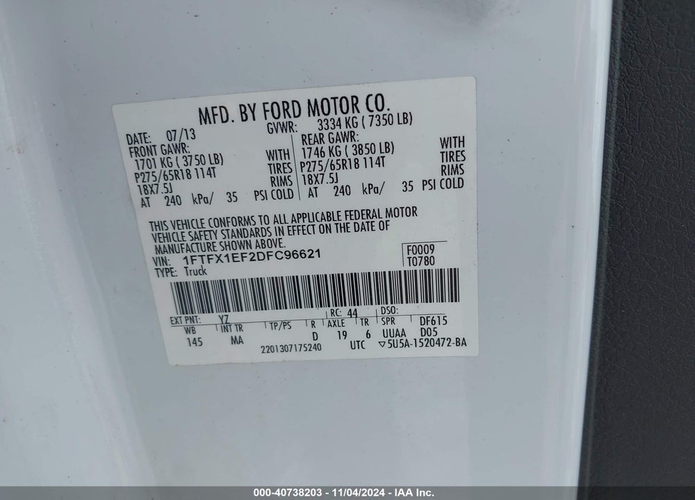 2013 FORD F-150 XLT VIN: 1FTFX1EF2DFC96621
