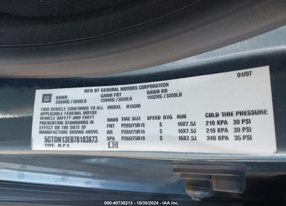 2007 HUMMER H3 SUV VIN: 5GTDN13E078183873