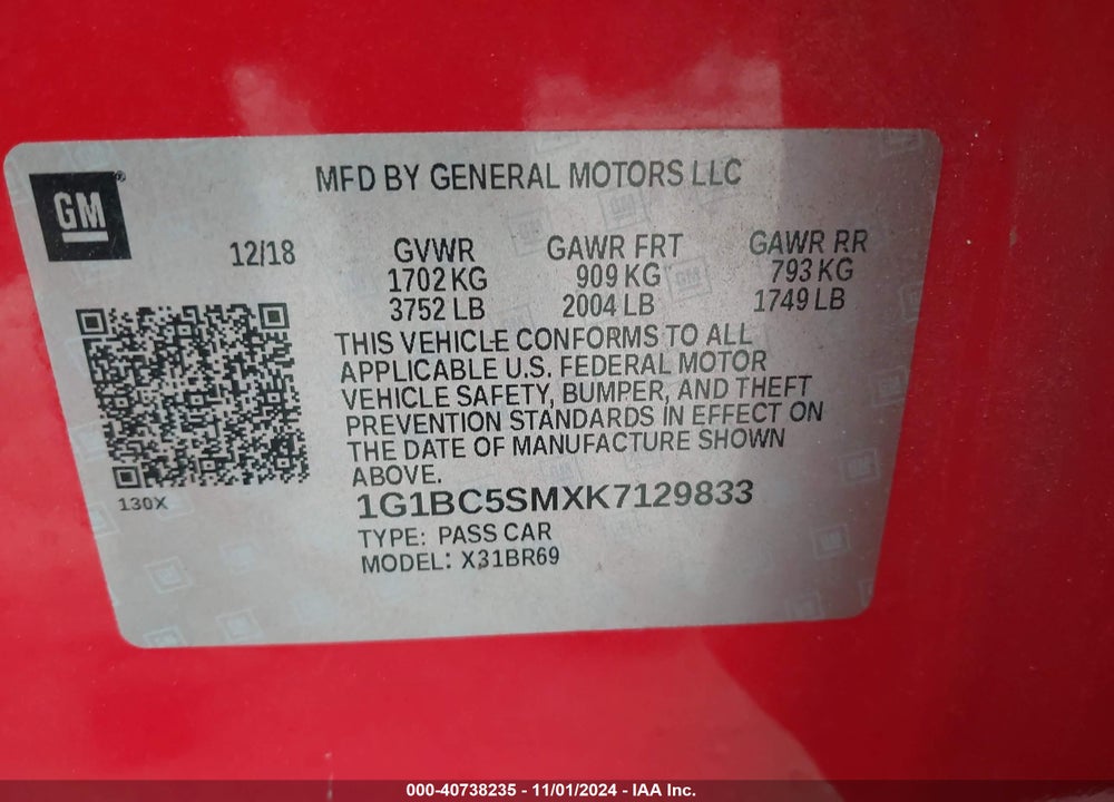 2019 CHEVROLET CRUZE LS VIN: 1G1BC5SMXK7129833