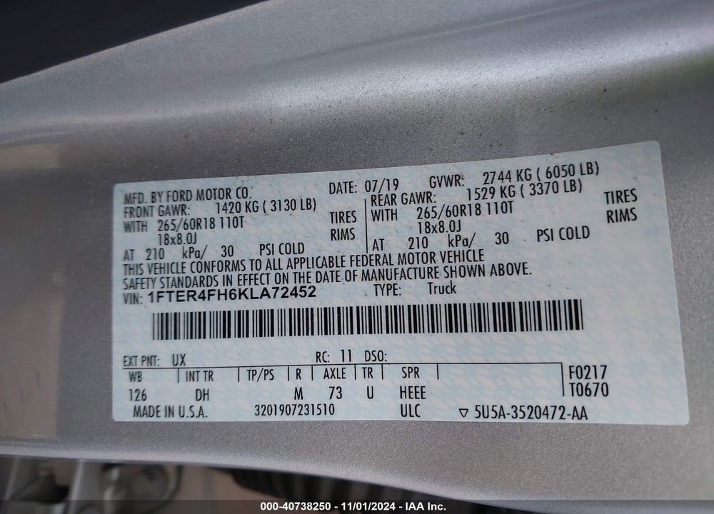 2019 FORD RANGER LARIAT VIN: 1FTER4FH6KLA72452