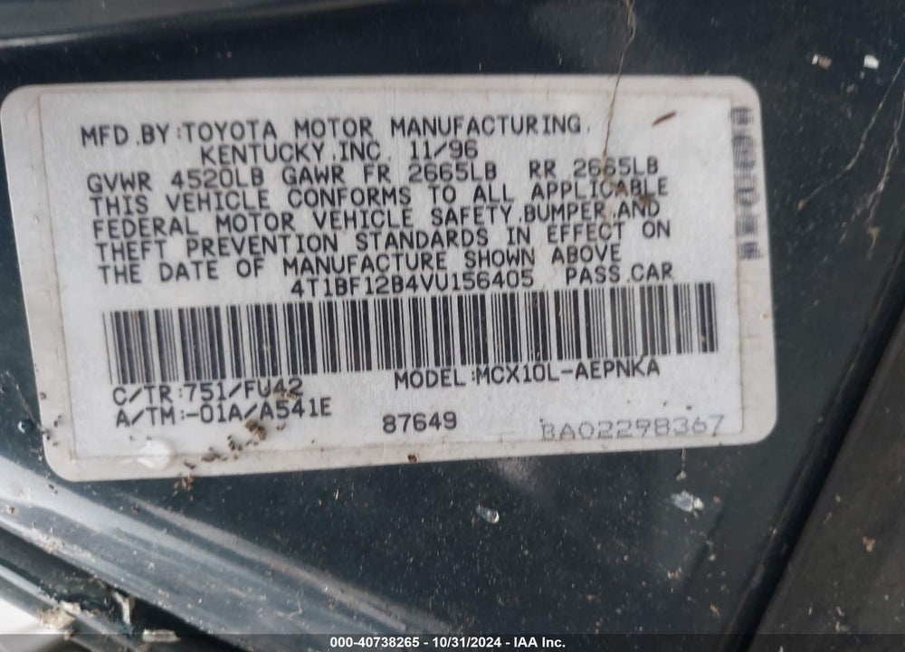 1997 TOYOTA AVALON XL VIN: 4T1BF12B4VU156405