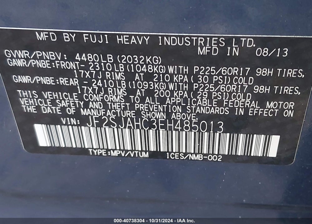 2014 SUBARU FORESTER 2.5I LIMITED VIN: JF2SJAHC3EH485013