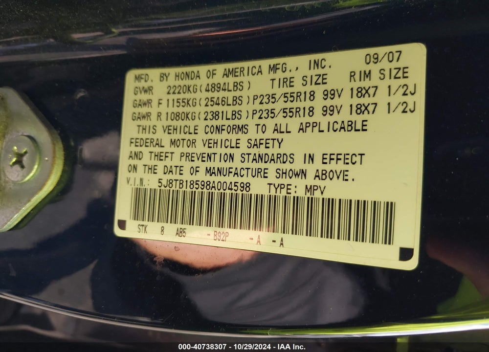 2008 ACURA RDX VIN: 5J8TB18598A004598