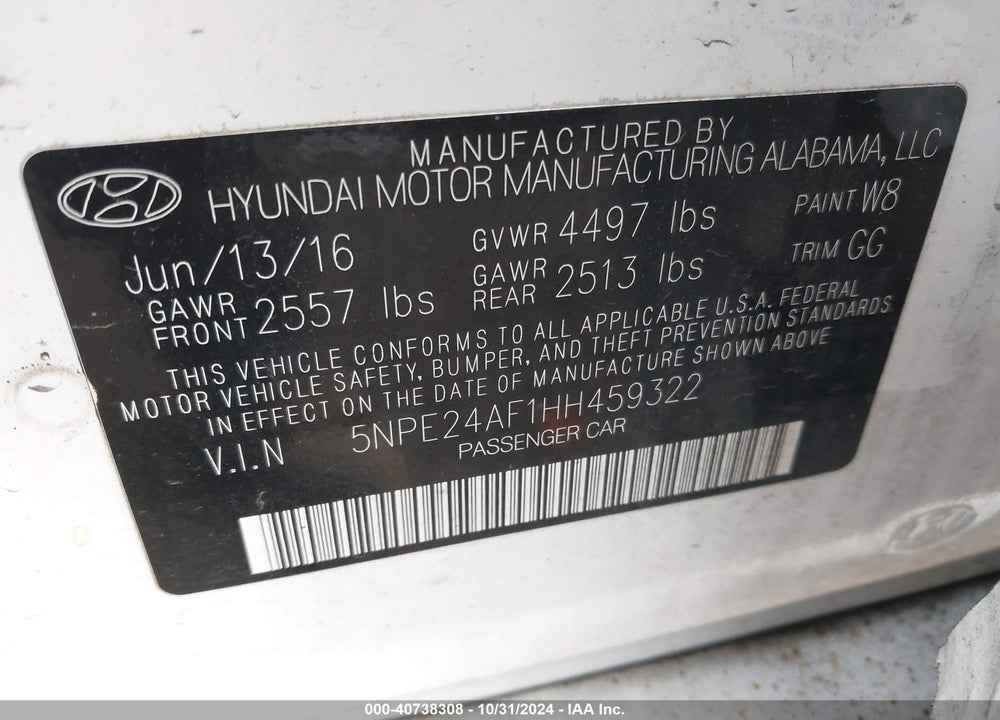 2017 HYUNDAI SONATA VIN: 5NPE24AF1HH459322