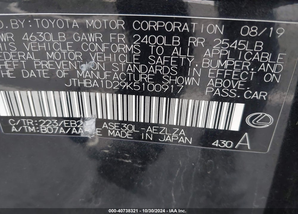 2019 LEXUS IS 300 VIN: JTHBA1D29K5100917