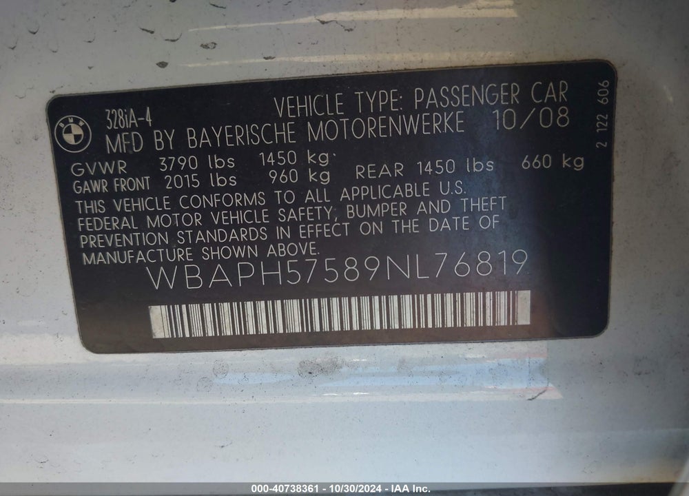 2009 BMW 328I VIN: WBAPH57589NL76819