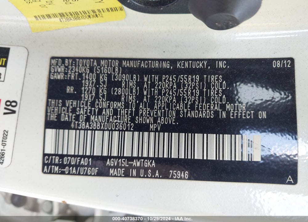 2013 TOYOTA VENZA LE VIN: 4T3BA3BBXDU036012