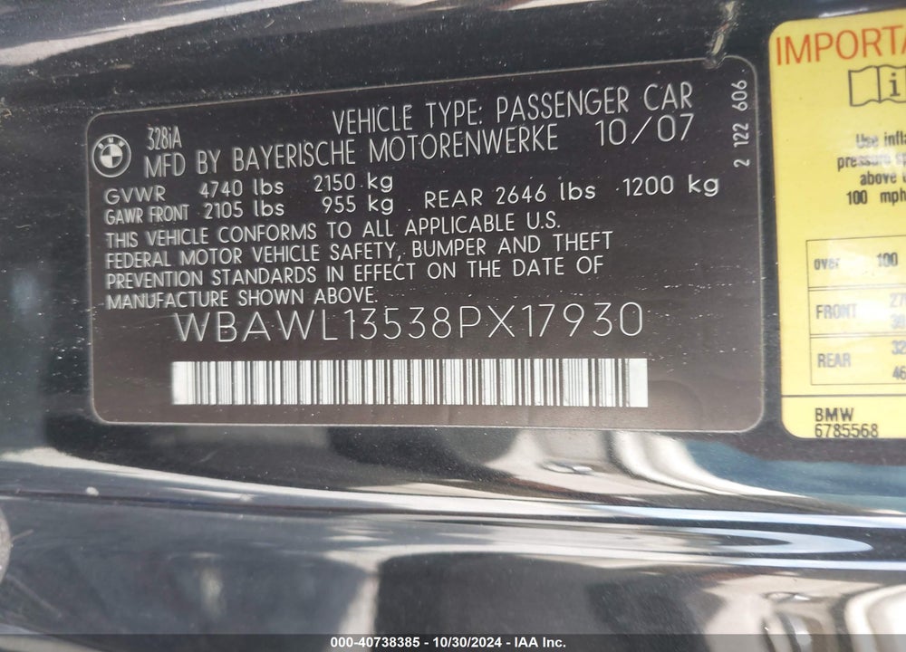 2008 BMW 328I VIN: WBAWL13538PX17930