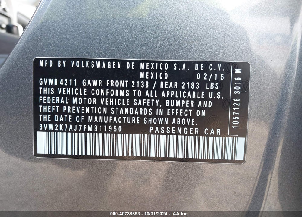 2015 VOLKSWAGEN JETTA 2.0L S VIN: 3VW2K7AJ7FM311950