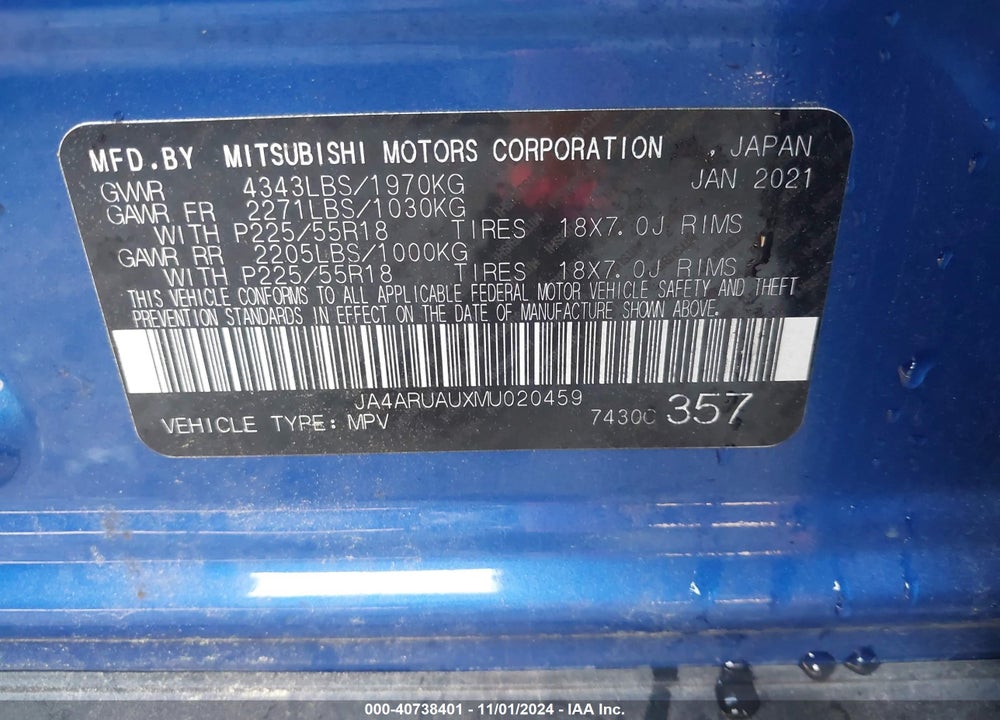 2021 MITSUBISHI OUTLANDER SPORT 2.0 BE /2.0 ES /2.0 LE /2.0 SE VIN: JA4ARUAUXMU020459