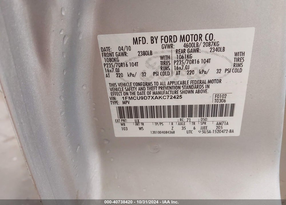 2010 FORD ESCAPE XLT VIN: 1FMCU9D7XAKC72425