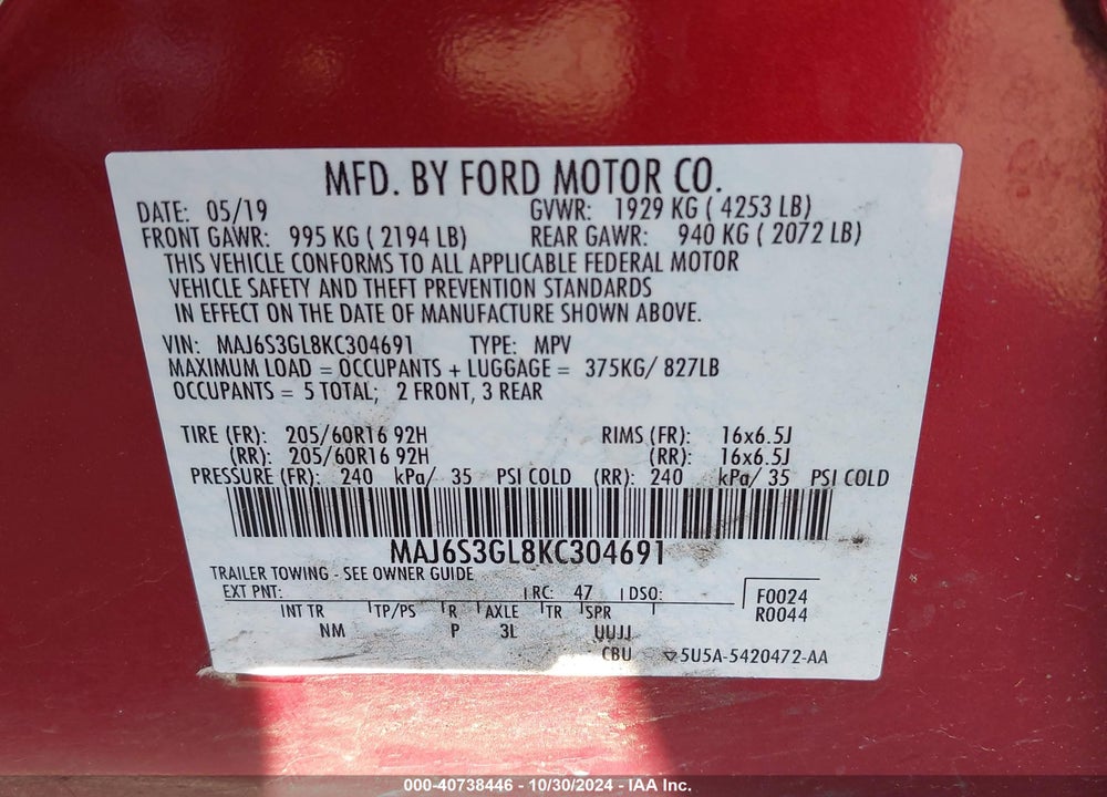 2019 FORD ECOSPORT SE VIN: MAJ6S3GL8KC304691